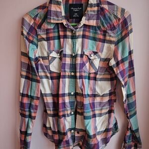American Eagle Outfitters Ladies Colorful Plaid Button-Down Shirt